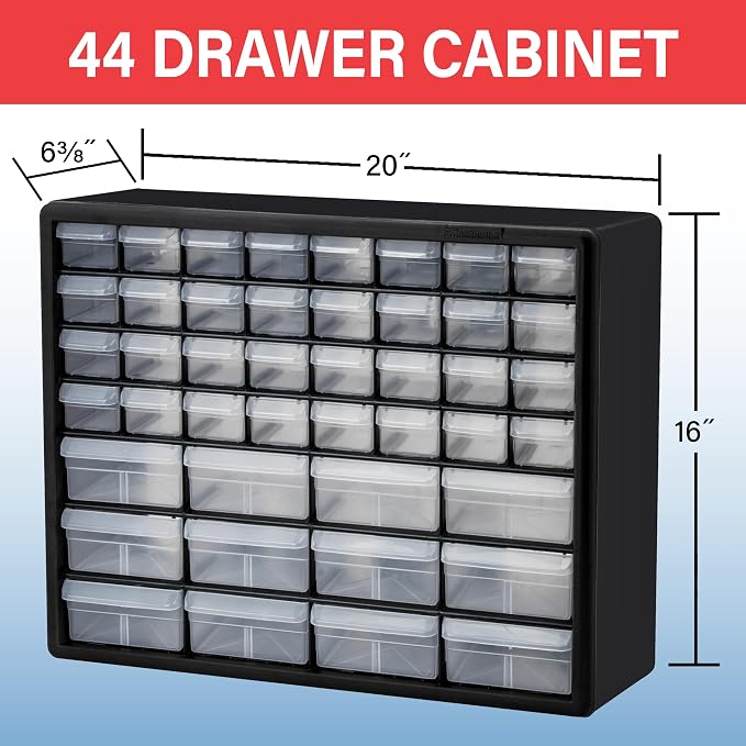Akro-Mils 44-Drawer Plastic Storage Cabinet, 20"W x 6"D x 16"H, Black | Plastic Cabinet w/ Drawers for Garage Organization, Beads, Building Bricks Storage, Teacher Toolbox, Makeup Organizer, 10144