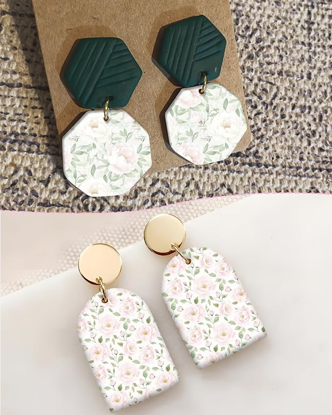 Puocaon Flower Clay Transfer Paper - Pink Green Transfer Sheets for Polymer Clay Earrings Jewlery Flower Design