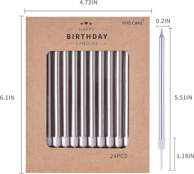 PHD CAKE Silver Long Thin Metallic Birthday Candles, Cake Candles, Birthday Parties, Wedding Decorations, Party Candles