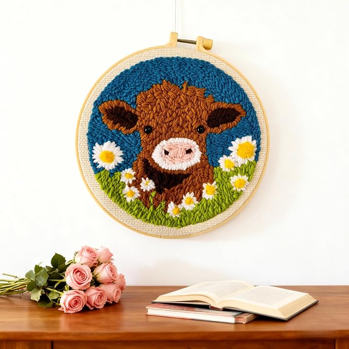 DIY Punch Needle Kits Highland Cow with Daisy Flower with Hoop 20x20cm-1 | with Pattern Stamped Easy for Beginners Embroidery Punch Needle Starter Craft Set for Adults Festival Gift and Decoration