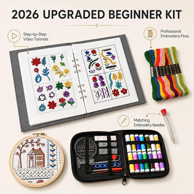Embroidery Kit for Beginners, 138-Pattern Embroidery Stitch Book with Hoop & 89-Piece Tool Set, Portable Loose-Leaf Hand Embroidery Starter Kit for Adults & Teens, Home, Travel and Craft Classes