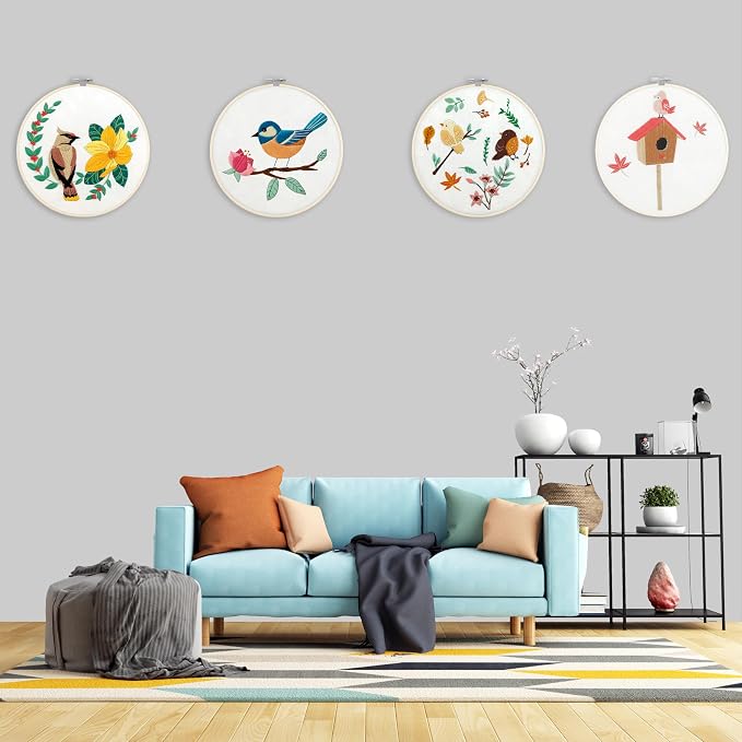 Bonroy 4 Sets Embroidery Set for Beginners, Art Craft, Easy Sewing, Includes Embroidery Clothing, Pattern, Embroidery Hoop, Instruction Manual, Colorful Thread Needles Set (6 Pieces)