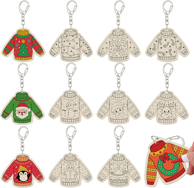 Trnayi 36 Pcs Christmas Ugly Sweater Wood Keychain DIY Craft | Christmas Ugly Sweater Wooden Keychain, Color Your Own Unfinished Craft, Blank Wood Painting DIY Craft, Holiday Art Project