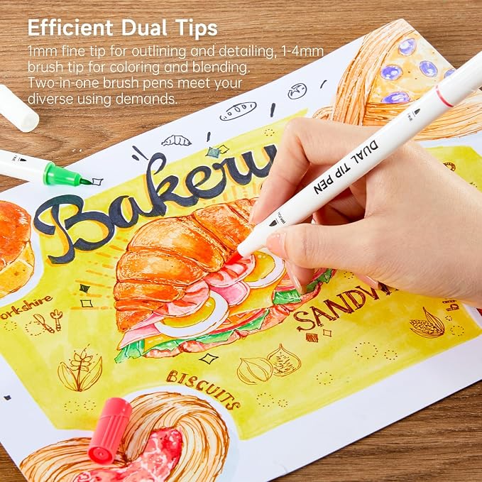 Shuttle Art Dual Tip Brush Marker Pens, 105 Colors Fine and Brush Tip Markers Set in Portable Case with 1 Coloring Book for Kids, Water-based Ink Adult Artist Coloring Calligraphy Journal Doodling