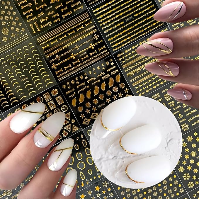 30 Sheets Gold Nail Art Stickers 3D Self-Adhesive Nail Decals Gold Line Star Nail Stickers for Acrylic Nails Gold Leaf Diamond Nail Supplies for Women