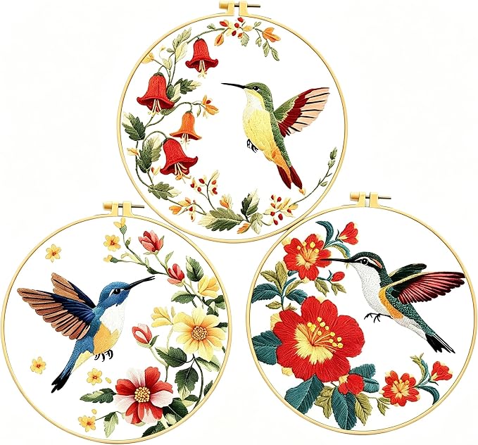 Zhenqing 3-Piece Hummingbird Embroidery Kit for Beginners, Floral Bird Needlework Set with Pre-Printed Cotton Fabric, Hoop, Threads & Tools, Nature Garden Wall Decor (C0168)