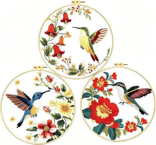 Zhenqing 3-Piece Hummingbird Embroidery Kit for Beginners, Floral Bird Needlework Set with Pre-Printed Cotton Fabric, Hoop, Threads & Tools, Nature Garden Wall Decor (C0168)