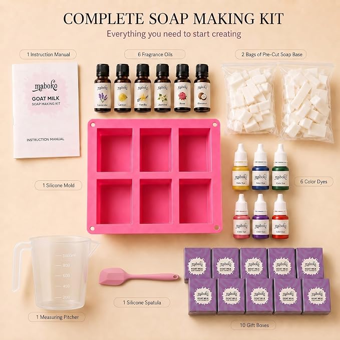 Goat Milk Soap Making Kit for Adults & Beginners – Complete DIY Set with 2lb Soap Base, 6 Scents, Molds & Gift Boxes – Easy, Fun & Creative Craft Gift