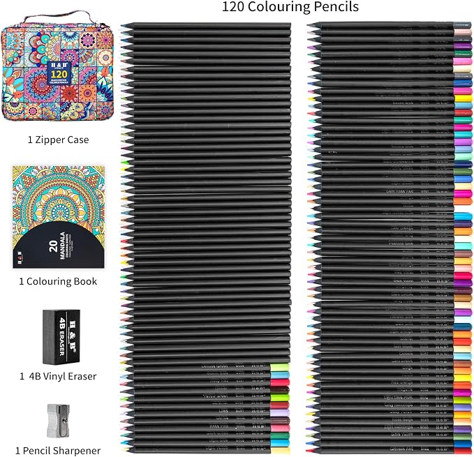 H & B 120 Colored Pencils Set for Adults with 3-Color Coloring Book & Case | Artist Soft Oil-Based Cores, Black Wood, Mandala Coloring for Stress Relief, Portable Drawing Kit with Sharpener & Eraser