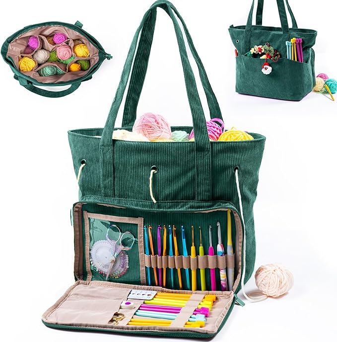 MYBAGZING Large Yarn Tote Organizer – Corduroy Knitting Storage Holder for Yarn, Hooks & Accessories, Portable Craft Carryall for Crocheting Lovers, Mother’s Day Gift