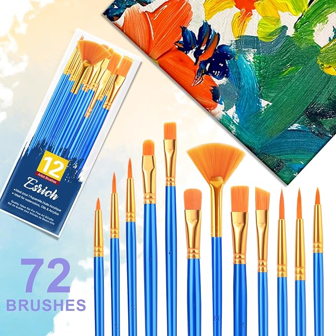 ESRICH Paint Brushes Set, 6Pack 72pcs Paint Brush for Acrylic Painting | Artist Paintbrushes for Watercolor Oil Rock Face Painting, Paint Brush for Kids Adult Arts Painting Brush Kits.