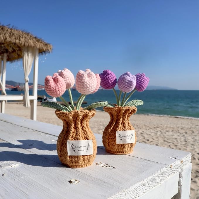 Tulip Crochet Flower Potted Plant Handmade Desk Decor Gift