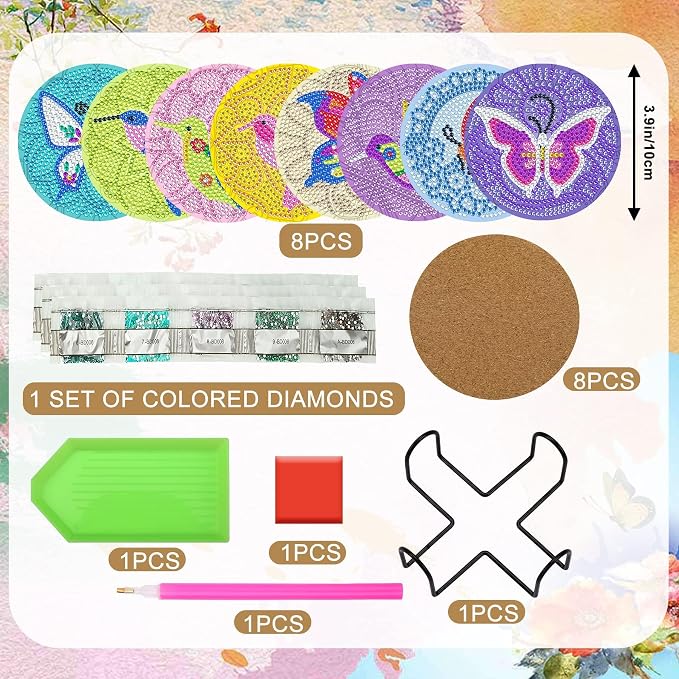 UPINS DIY Kit, Diamond Art Painting Coasters with Holder, 8 Pcs Hummingbird Butterfly Coaster Craft Supplies for Adults Kids Beginners | DIY Hummingbird Butterfly Coaster,Diamond Art Kits,for Adults Beginners DIY Diamond Art Craft Supplies