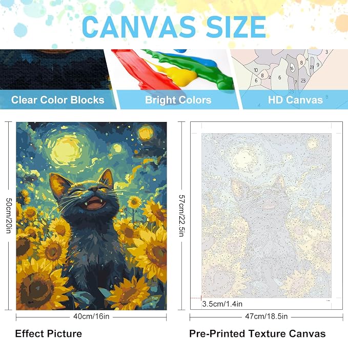 Paint by Numbers Kit for Adults, Sunflowers Black Cat Canvas Painting Set | 16x20 Inch, DIY Acrylic Number Painting Craft Kit for Adults Beginners, Home Wall Decor, Stress Relief Relaxing Hobby Gift