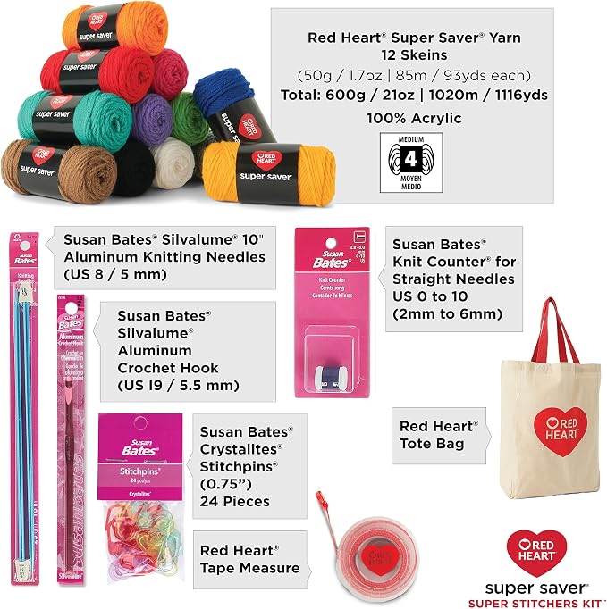 Red Heart Stitchers Kit with Bag and Accessories, Yarn for Crocheting