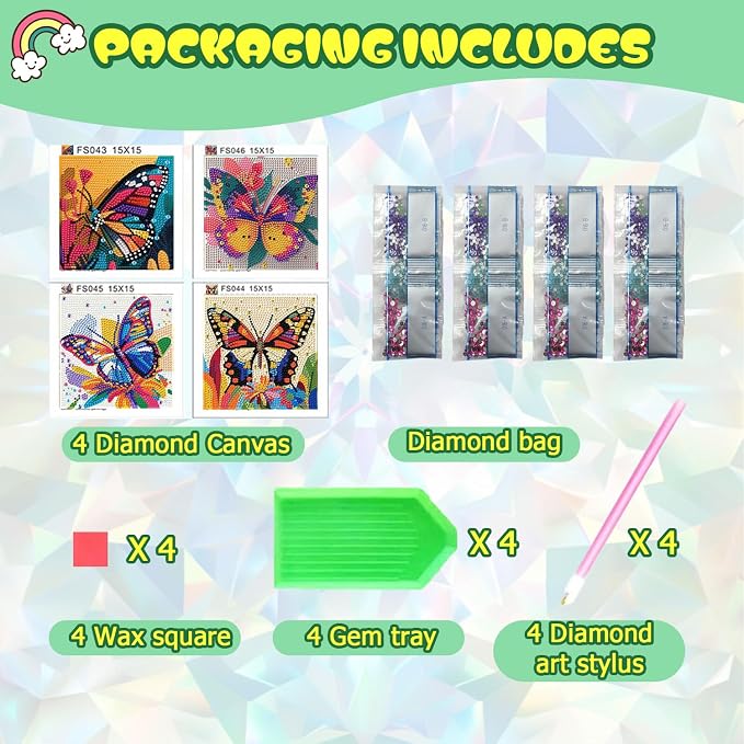 ICYANART 4 Pack Butterfly Diamond Art Painting Kits for Kids 6x6 Inch | Butterfly Diamond Art Kits for Kids Ages 6-8-12, Small Diamond Art Kits for Kids, Easy Art and Craft for Kids (no Frame)