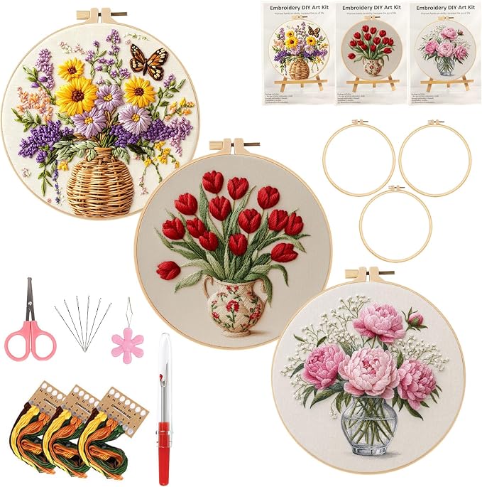LYMIGER 3 Packs Embroidery Kit for Adults, Embroidery for Beginners (Vase)