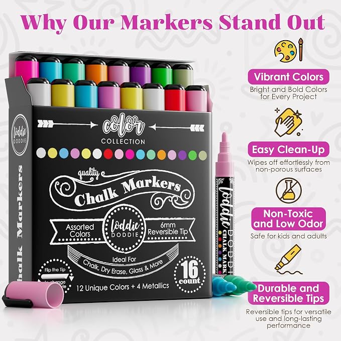 Loddie Doddie Chalk Markers, Chalkboard Markers, Reversible Tips, 16 Pack | Reversible Tips for Bold or Fine Lines, Wipes Clean on Glass, Pastel & Neon Colors for Blackboard Signs, Dry Erase Pen