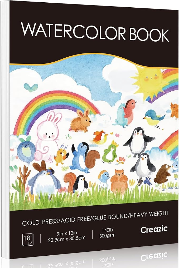 Creazic Watercolor Paper Pad 9"x12", 140lb/300gsm Cold Press Sketchbook (18 Sheets) - Glue Bound Acid-Free Heavyweight No Bleed Drawing Pad for Watercolor, Gouache, Ink & Mixed Media for Beginners