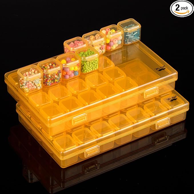 Mr. Pen- Bead Storage Containers, 28 Grids, 2 Pack, Transparent Orange | 160 pcs Label Stickers, Transparent, Small Bead Organizer Box, Diamond Art, Diamond Painting Organizer