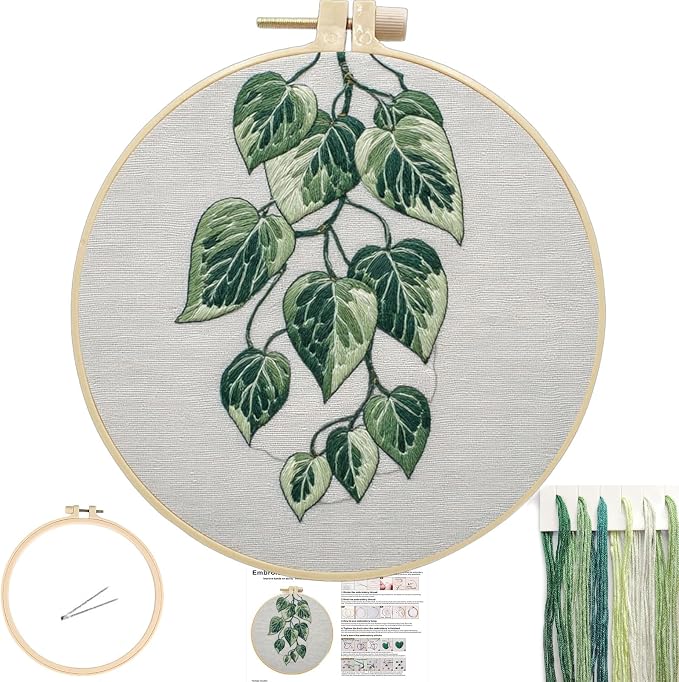 FONNUY Green Plants Embroidery Kit, Cross Stitch Kits for Beginners, Handmade Crafts with Printed Patterns for Beginner Adults, Easy to Follow Color Thread Needlework, 8'' Hoop (Drooping Leaves)