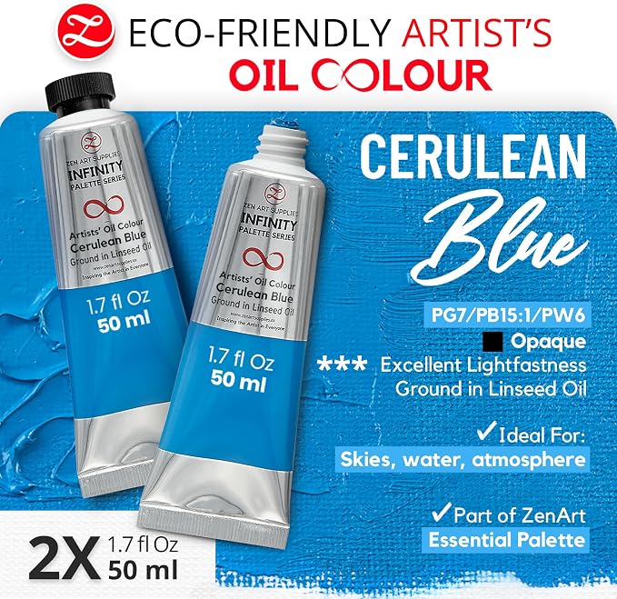 ZenART Professional Oil Paint Set - Artist Grade Cerulean Blue - 2x50ml | Non-Toxic, Buttery Consistency, Rich Pigment, Lightfast Oil Paints for Primed Surface Canvas, Fine Art, Portraits & Landscape