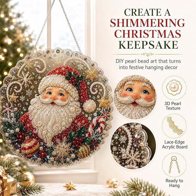 Christmas Pearl Diamond Painting Kit, DIY Diamond and Pearl Art Painting, 3D Mixed-Sized Pearl Beads Craft, Acrylic Round Board with Lace Edge, Pre-Assembled Metal Chain