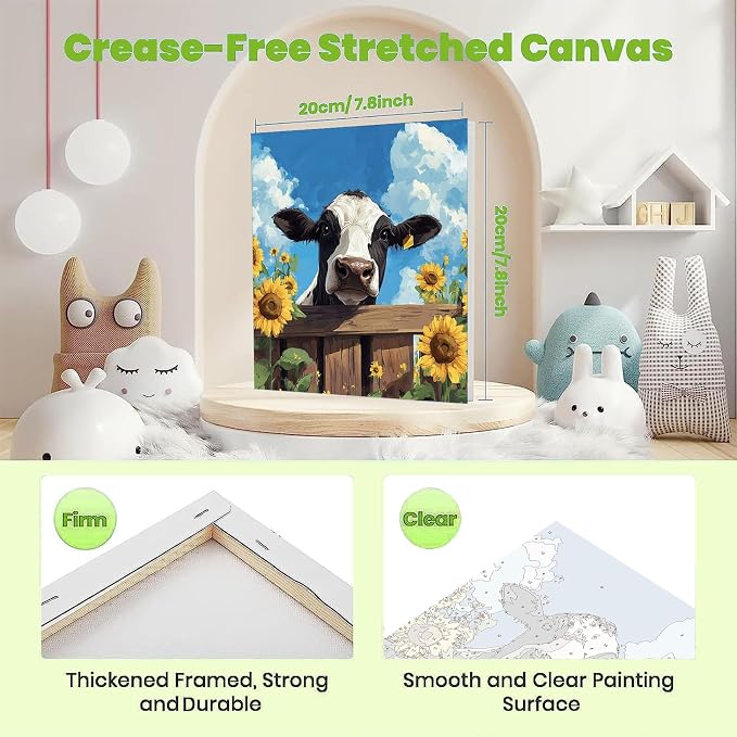 ajepon Cow Paint by Numbers Kit for Kids with Frame - Highland Cow Paint by Number for Kids, Kid Painting by Number Kits Age 6-8 for Home Wall Decor 8X8inch (with Wooden Easel)