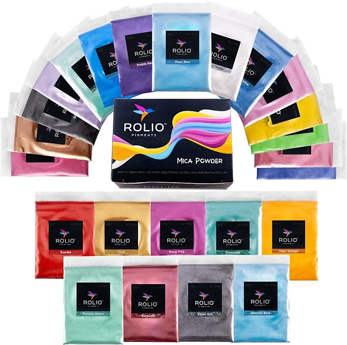 Rolio - Mica Powder Color Pigment Set - Original Set, 5g, 24 Bags | Pearlescent Color Pigments for Epoxy Resin, Soap Making, Candles, Slime, Nail Art, Paint, and DIY Crafts