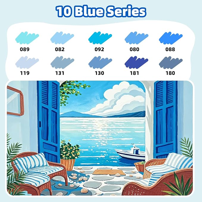 LIULIUCAI 10 Blue Dual Markers, Fine & Brush Tip Pen for Adult Coloring