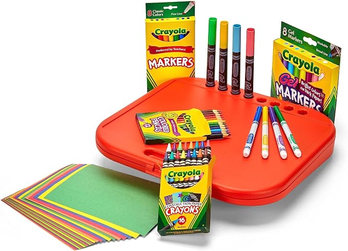 Crayola Create 'N Carry Travel Art Set for Kids (75pcs), 2-in-1 Lap Desk & Carrying Case, Essential Art Supplies Kit, Spring Crafting, Gift for Kids | Portable Art Set for Kids, Colored Pencils, Crayons, Markers, Drawing, Coloring, Crafting Gift for Bo...