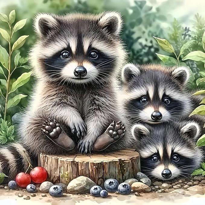 5D Animals Diamond Painting Kits for Adults,Raccoon Family Diamond Art Kits | DIY Full Drill Diamond Dot Gem Painting for Home Wall Decor 13.78x13.78inch