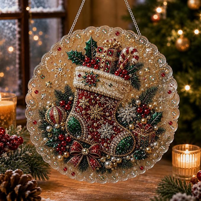 Christmas Pearl Diamond Painting Suncatcher Kit, DIY Craft (#D, 8in)