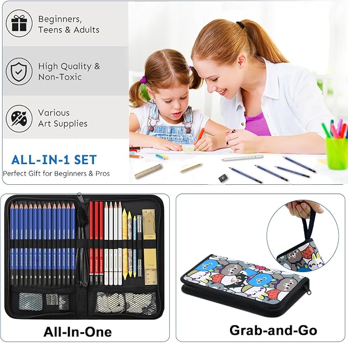 53 PCS Drawing Kit Sketching Pencil Set, Sketch Pencils Art Supplies with Graphite, Charcoal, Blending Tools, Drawing Pencils for Artists Adults Beginner Family Friends