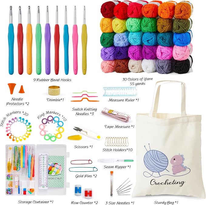 INSCRAFT Crochet Kit for Beginners Adults, 30 Acrylic Yarn Skeins 1650 Yards Yarn, 105 PCS Crochet Kit with Hooks Set,Includes Canvas Tote Bag, Ideal Starter Pack for Professionals