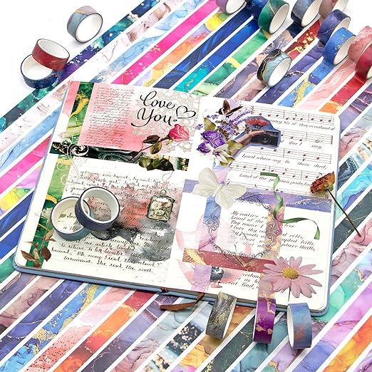 Mooker 48 Rolls Washi Tape Set - Decorative Masking Tape Colored Marbling Patterns, Adhesive Artists Tapes for Journaling Supplies, DIY Crafts, Scrapbooking, Junk Journal Supplies, School Supplies