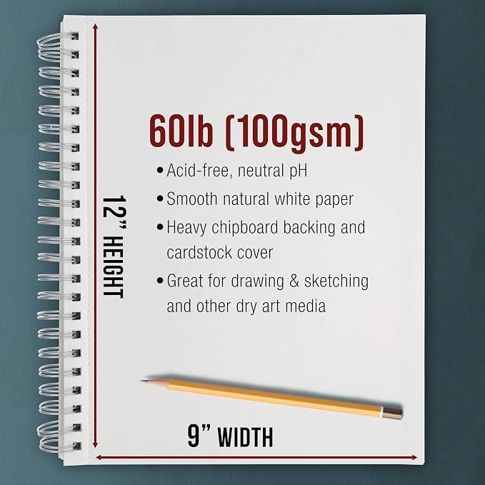 U.S. Art Supply 9"x12" Sketch Book Pad, Spiral Bound 100 Sheets Each,2-Pack | 60lb (100gsm) Spiral Bound - Sketching, Drawing Acid-Free Paper - Sketch Pads For Adults, Students: Colored Pencils, Charcoal
