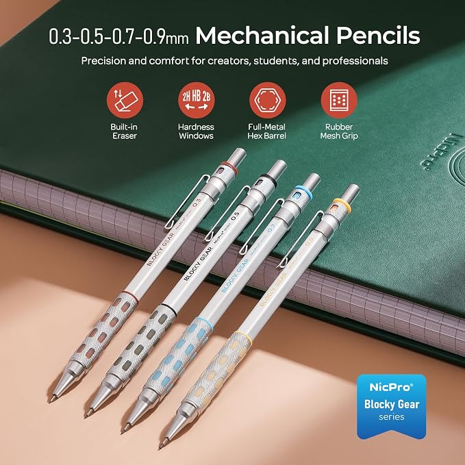 Nicpro 4 Pack Blocky Gear 0.3/0.5/0.7/0.9 mm Metal Mechanical Pencils Set
