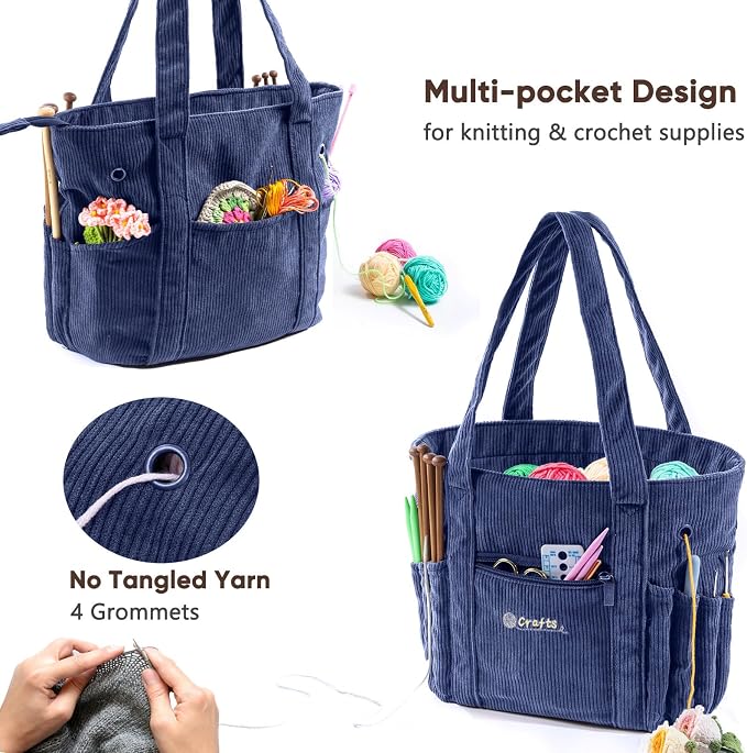 MYBAGZING Crochet Bag and Tote - Corduroy Yarn Bag - Yarn Holder for Crocheting - Crochet Storage Bag for Crochet Hooks, Crochet Accessories, Knitting Bag for Crochet Lovers, Mother's Day Gift