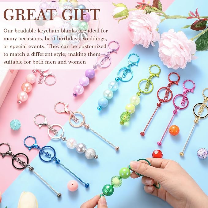 Tondiamo 12 Pcs Beadable Keychains Bars Bulk Blank Beaded Metal Keychain for Craft DIY Gift