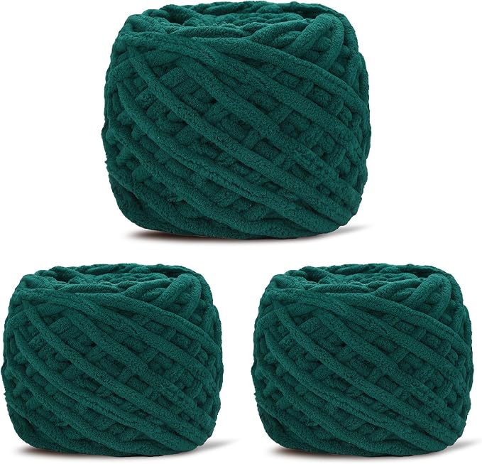 3 Pack Plush Chenille Chunky Yarn for Crocheting 100g(54.6yd) - Bulky Thick Fluffy Yarn for Knitting- Soft Velvet for Baby, Blanket Knitting Blanket Yarns- Amigurumi Yarns (3-Dark Green)