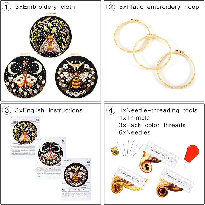 Hand Embroidery Starter Kits for Beginners Adults, Counted Stamped Cross Stitch Kit for Beginners Adults, Embroidery Needlepoint Kit with Moth Flower Pattern, 3 Hoops (Attached Teaching Video QR Code)