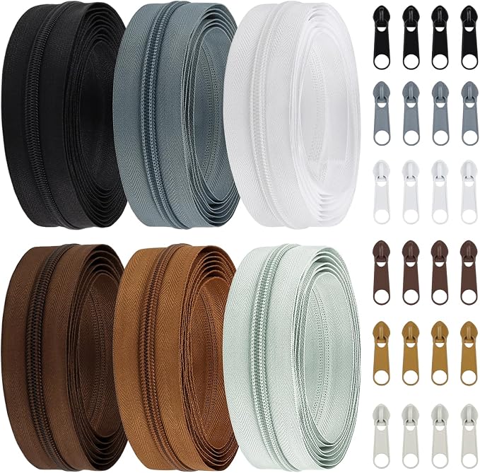 DOITEM 5# Zippers 12 m Nylon Endless Zip Set with Slider and Zip for Sewing and Crafts (6 Colors)