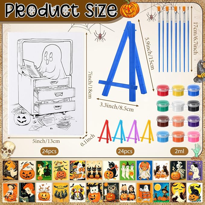 Blosssound 24 Pack Halloween Pre Drawn Canvas to Paint 5 x 7 Inch Pre Printed Canvas Painting Kits with Easel, Paint Pots Brushes Stretched Panels Bulk for Adult Sip Party Student Beginner DIY