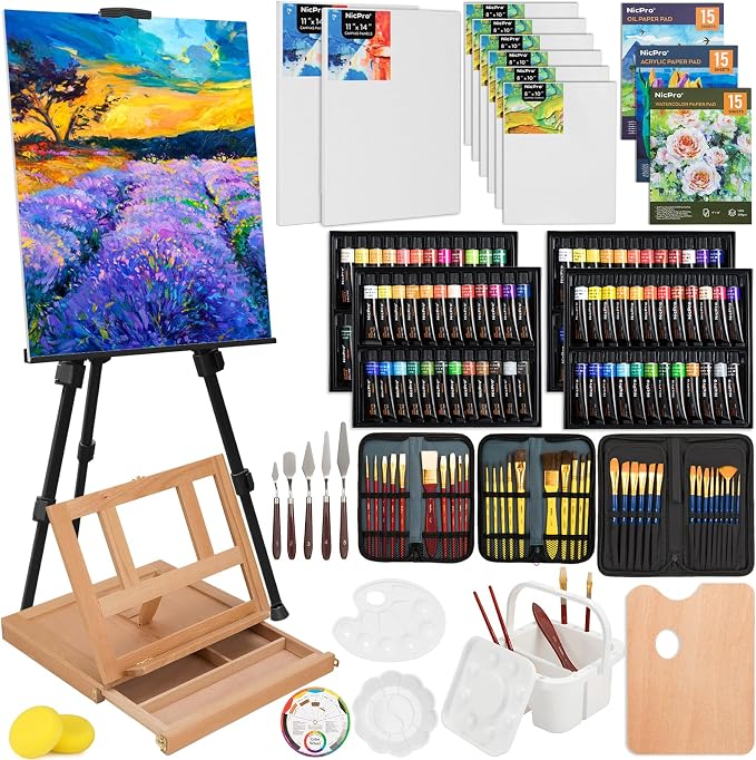 Nicpro 158PCS Deluxe Art Painting Kit for Artist with Easel, Paints & Brush | Professional Metal and Solid Beech Wood Easel, Acrylic, Oil & Watercolor Paint Set, Paint Brushes, Canvas, Palette, Paper Pad