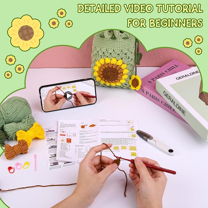 Fedmut Crochet Kit for Beginners, Sunflower Phonebag Crochet Kit for Adults