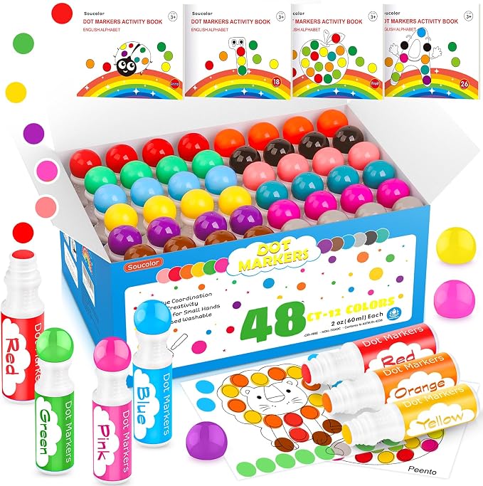 Soucolor 48-Pack Washable Dot Markers for Kids & Toddlers 12 Vibrant Colors