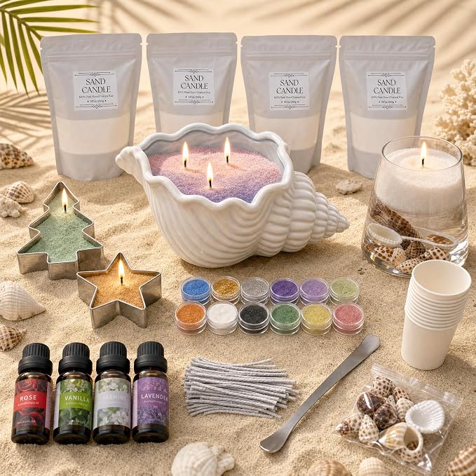 CXOZO Pearled Candle Sand Wax Making Kit, 37oz, Beach Themed DIY Gift Set | Ceramic Conch Shell Holder, 12 Colors, 4 Essential Oils, Star & Tree Molds, Real Seashells, 30 Wicks, No Melt, Gift for Women