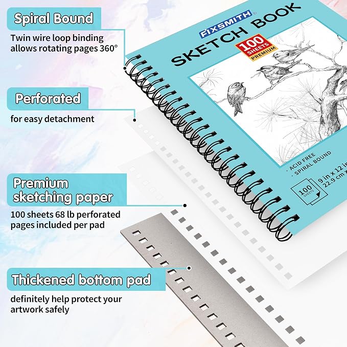 FIXSMITH 9"X12" Sketch Book, 100 Sheets, 68 lb/100gsm,4 Pack Blue | Acid Free Drawing Paper | Spiral Bound Artist Sketch Pad | for Kids, Beginners, Artists & Professionals | Bright White