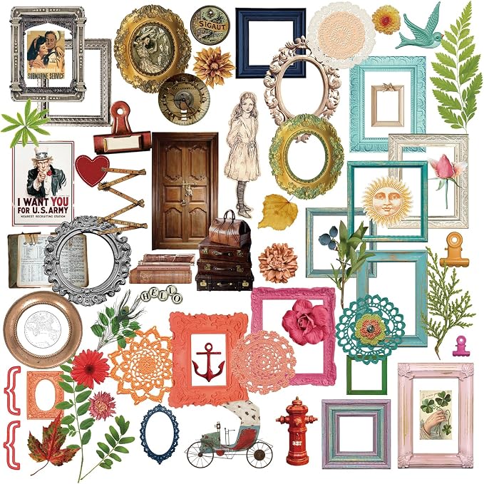 CATaireen Vintage Junk Journal Ephemera Scrapbooking Supplies Translucent Vellum Paper Stickers Card Making Decal Art Aesthetic for Adults (Character Frame Art)